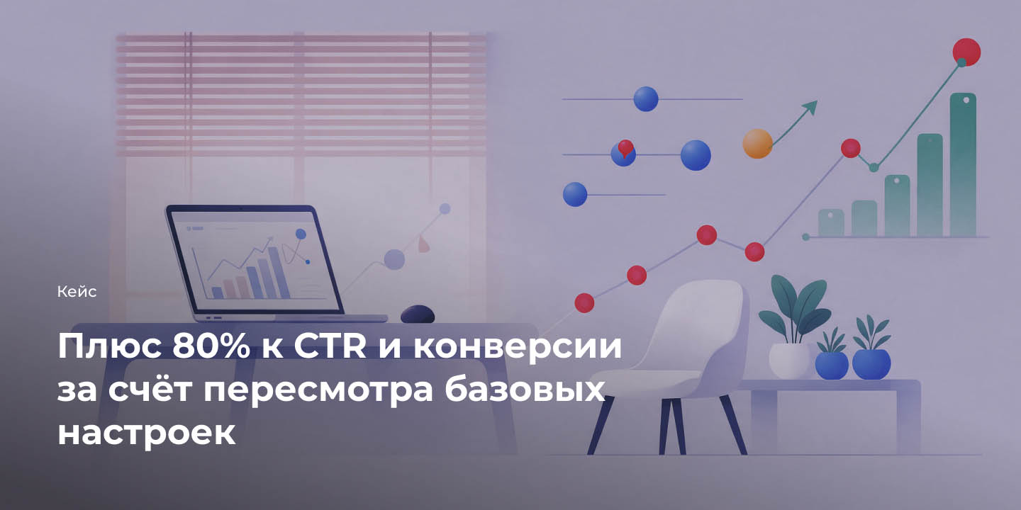 Кейс: Плюс 80% к CTR и конверсии за счёт пересмотра базовых настроек большая иллюстрация